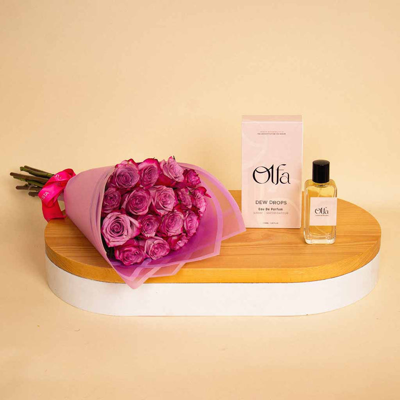 Olfa Dew Drops With Bouquet of 15 Purple Flowers