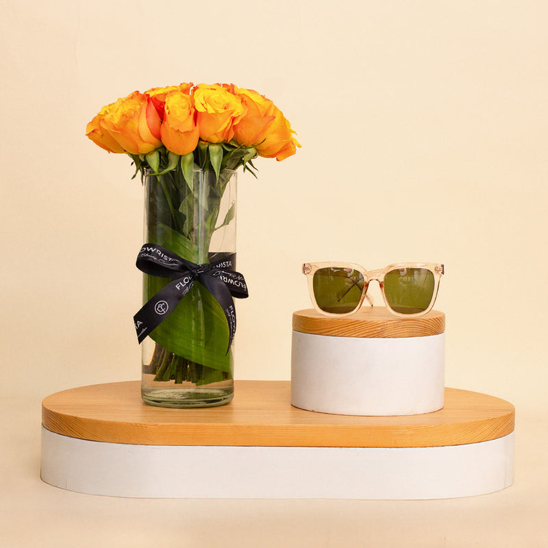 Sedrak Sunglass | Clear Frame with Green Lenses 15 Orange Roses Vase
