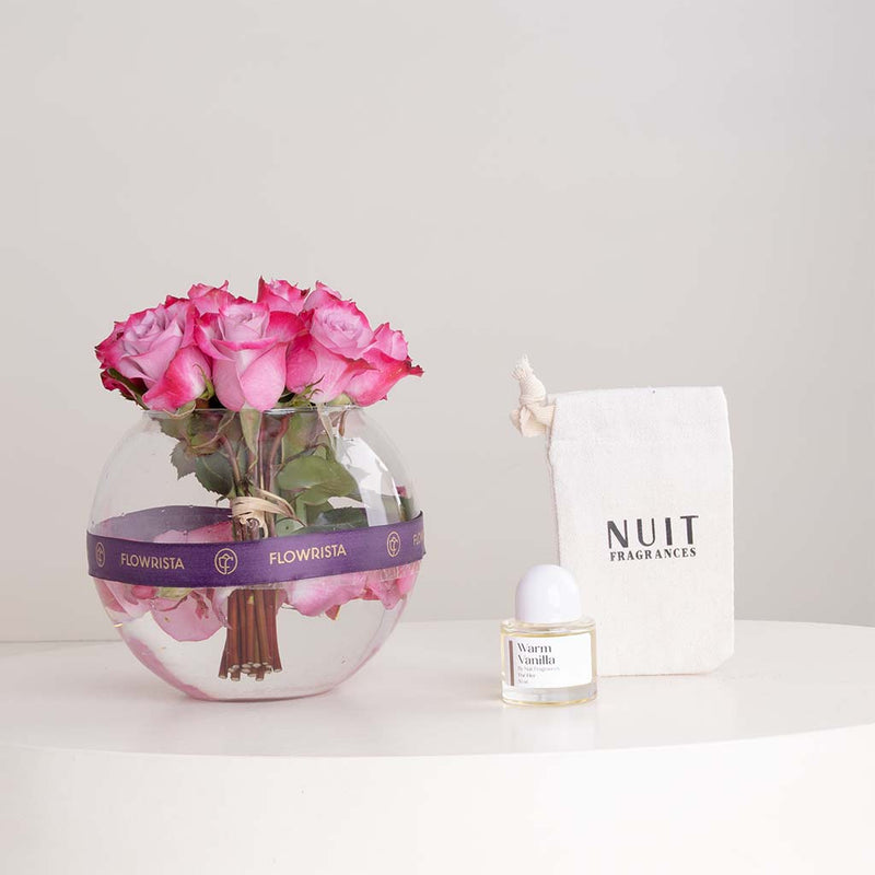 Nuit Warm Vanilla 50ml & Purple Roses Vase