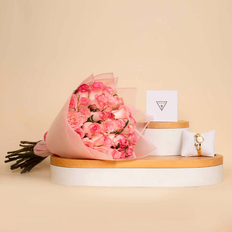 Guess Ladies Gold Tone Analog Watch And 20 Pink Roses Hand Bouquet