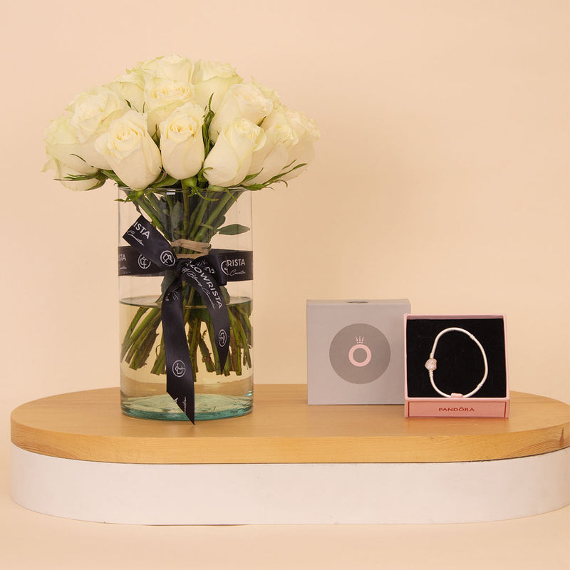 Pandora Moments Bracelet with Pavé Heart Clasp & Vase of 20 White Roses