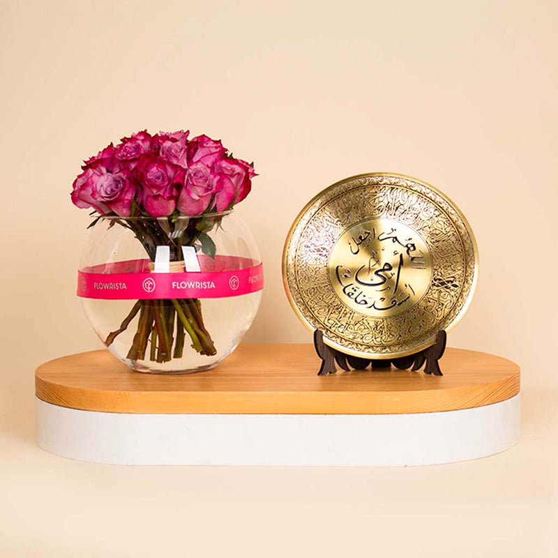 Mother Golden Shield with a Flower Bowl Vase of 20 Purple Roses