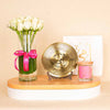 Flowrista | White Flower Vase with Candle & Golden Mother’s Shield