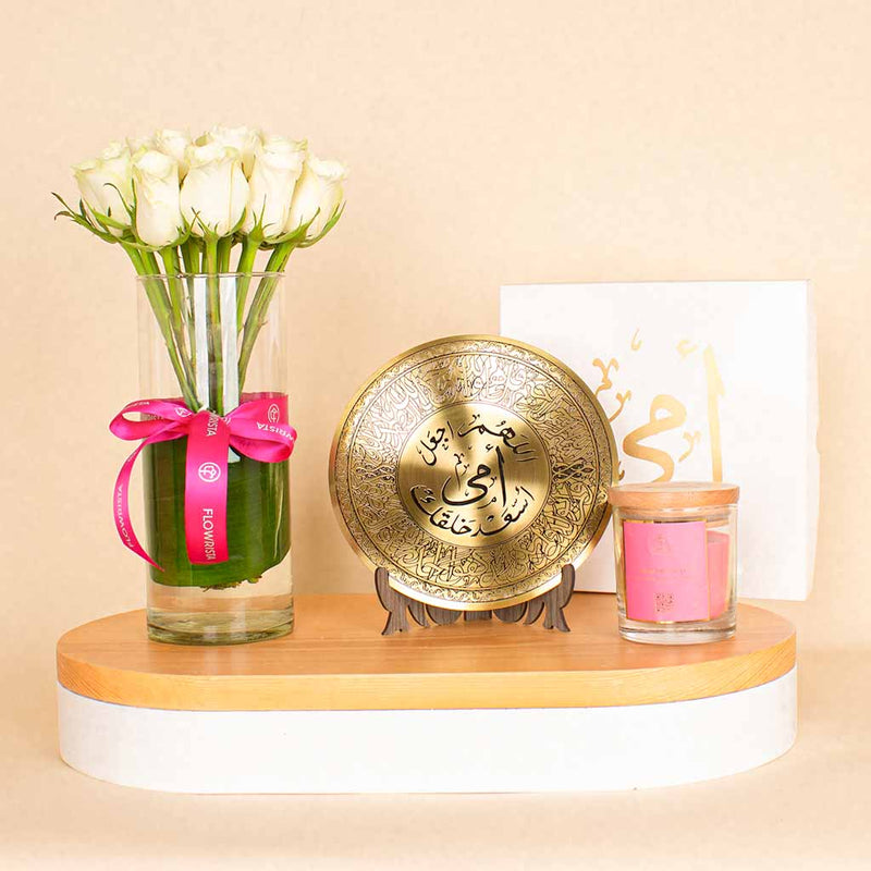 Flowrista | White Flower Vase with Candle & Golden Mother’s Shield