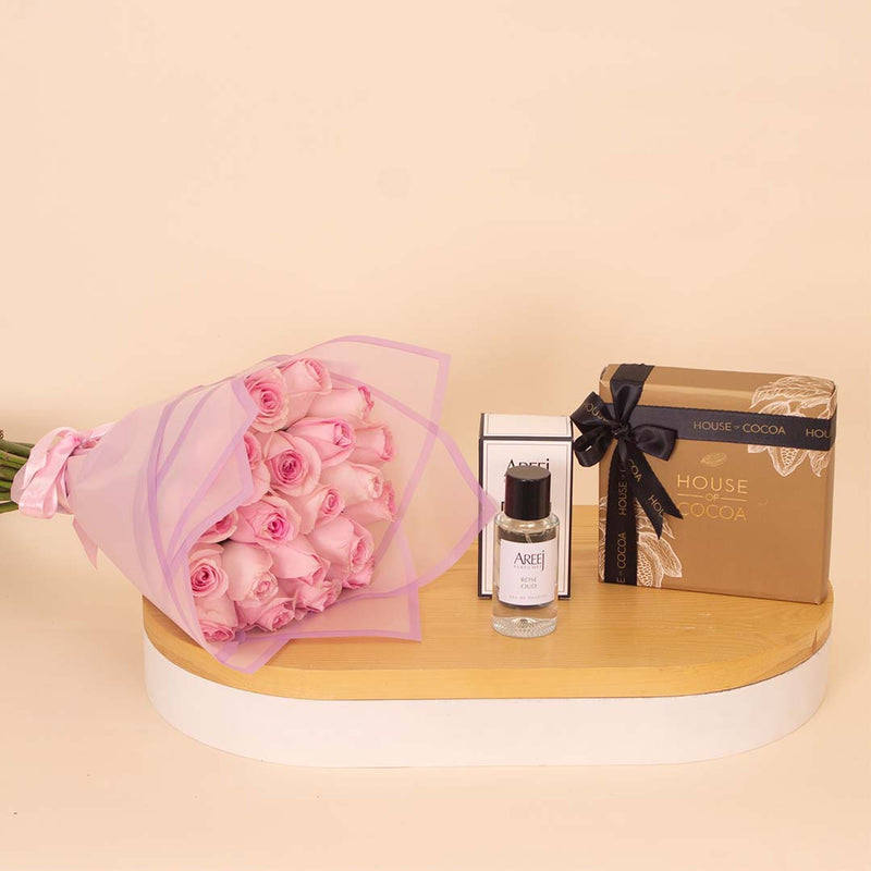 A Gift of Romance: Rose Oud, Chocolates & 15 Pink Roses
