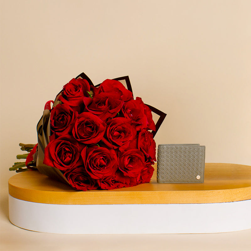 Police Wallet & Bouquet of 15 Red Roses - A Luxury Gift for Him