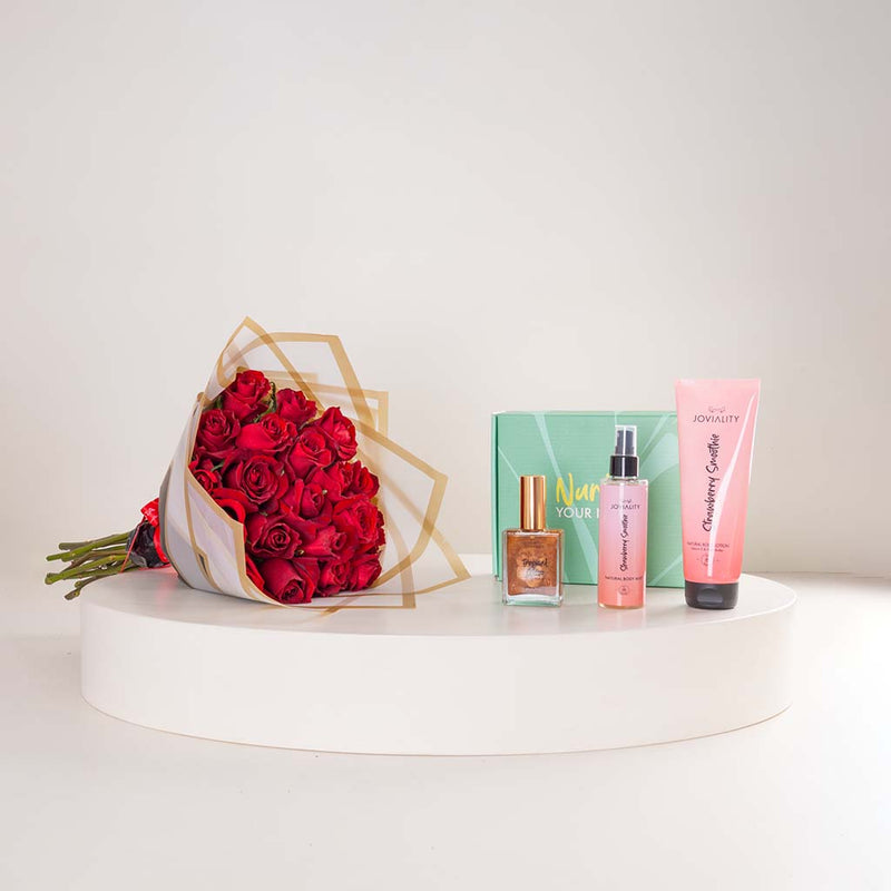 Joviality Strawberry Bronze Body Care Trio & Red Roses Bouquet