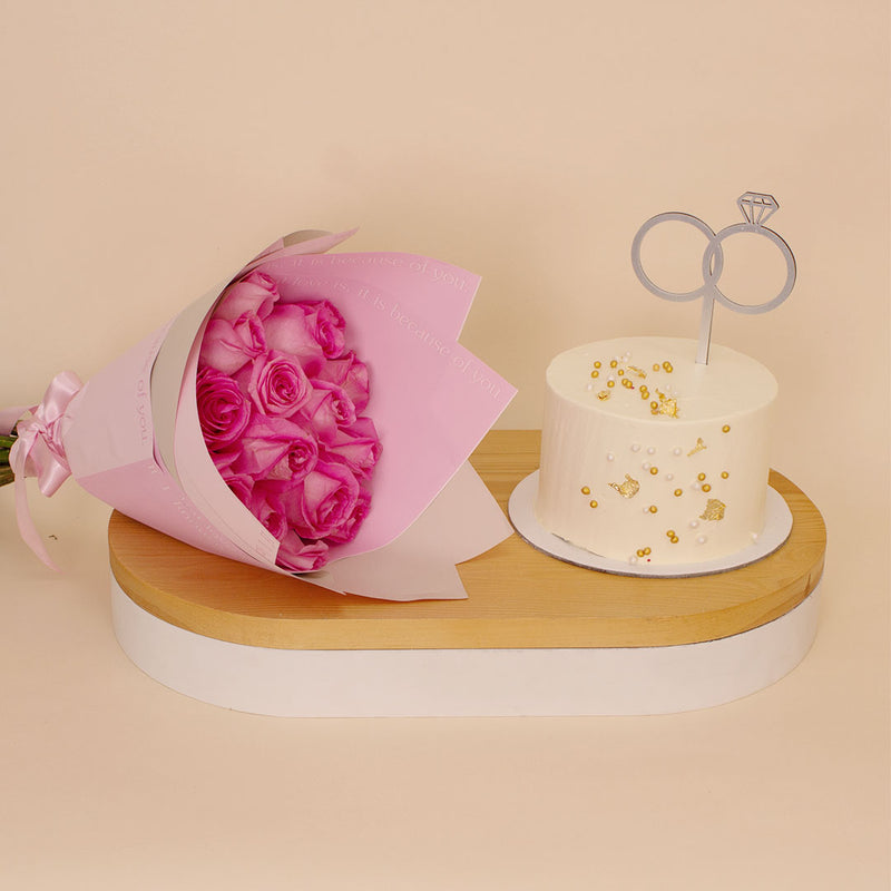 Ninos Golden Celebrations Cake & Pink Roses