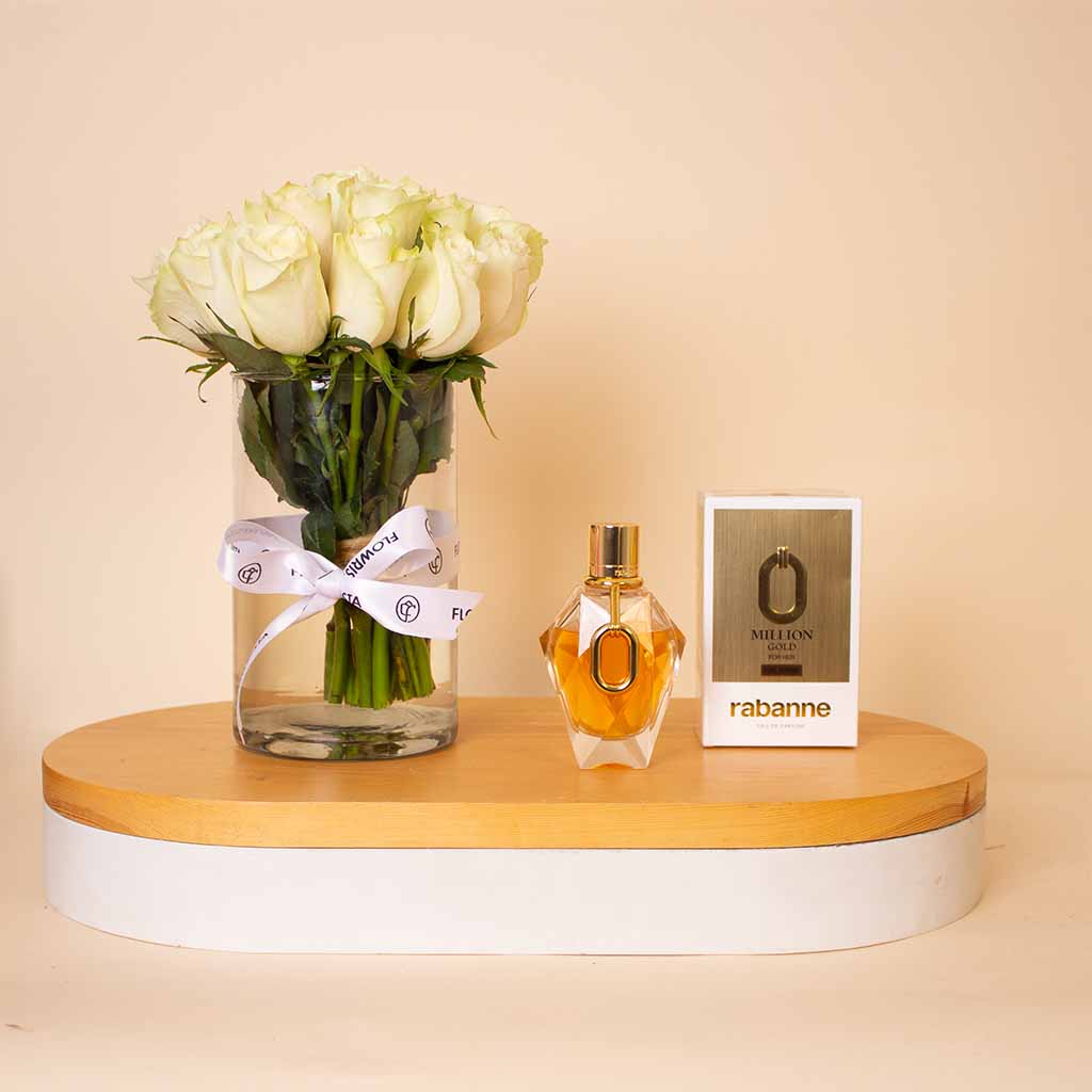 Paco Rabanne Million Gold Eau De Parfum For Women 90ml & White Roses Vase