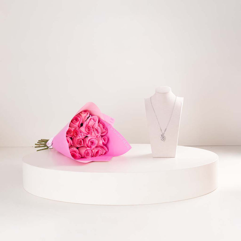 GUESS Stainless Steel Heart Caged Necklace & Pink Roses Bouquet
