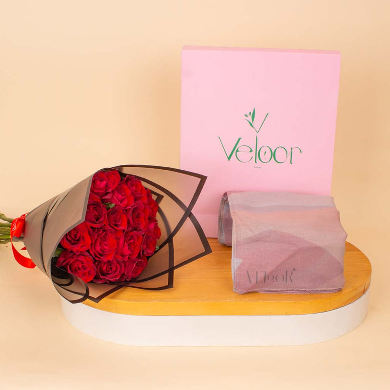 Veloor Jade Scarf & Red Roses Bouquet