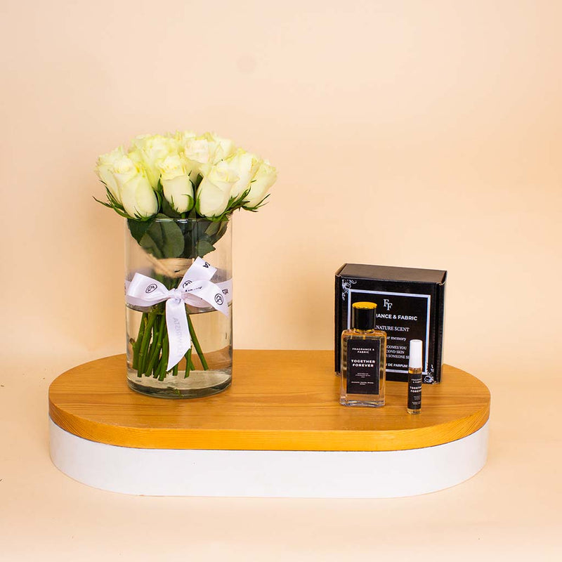 Fragrance & Fabric Stronger With You – For Men & White Roses Vase