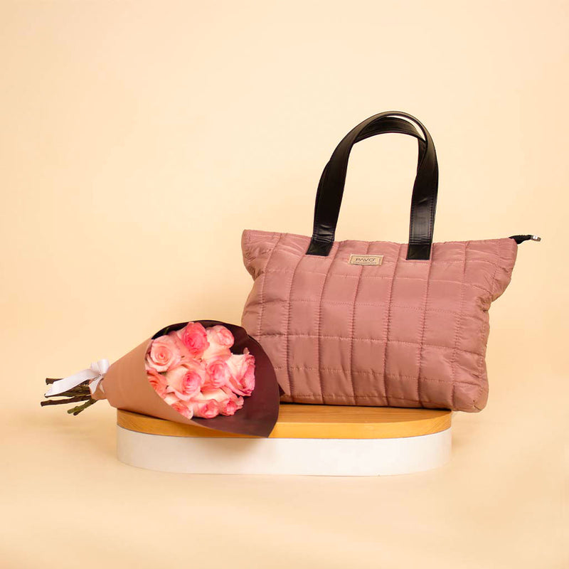 Pavo Light Purble Tote Bag Handbag & 15 Pink Roses