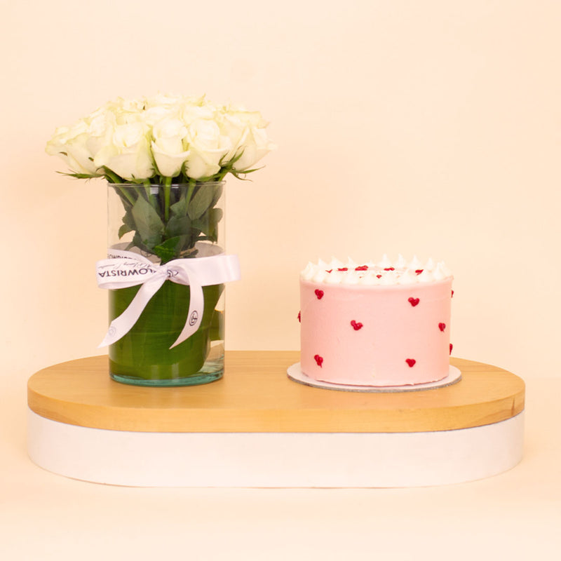 Ninos Heart-Dotted Birthday Cake & 15 White Roses Vase