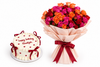 A birthday gift set featuring a round white frosted cake with red icing and a large bouquet of red, pink, and orange roses wrapped in pale pink paper with a dark red ribbon, on a white background.