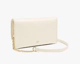 A cream-colored leather clutch bag with a gold chain strap and a small gold logo on the front, set against a plain white background.