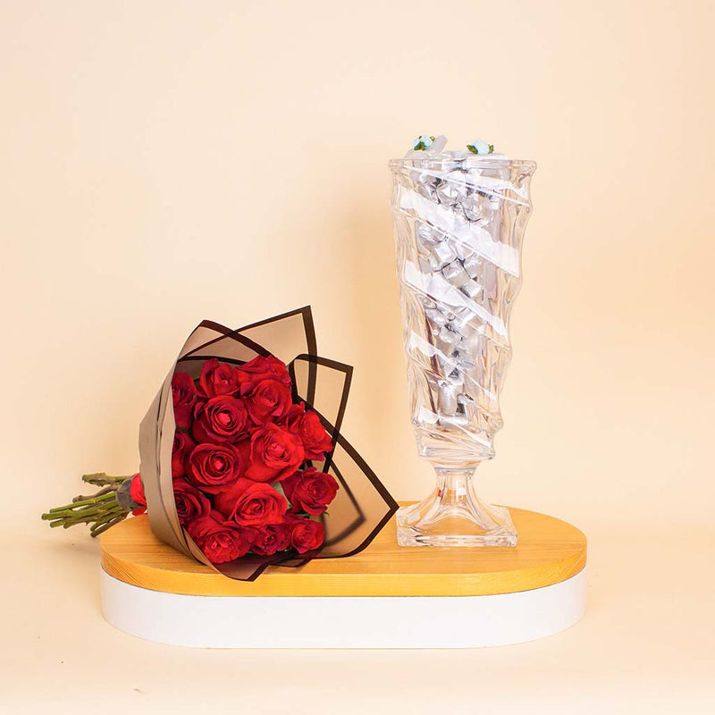 Passionelle Chocolate Crystal Vase 1kg & Red Roses Bouquet
