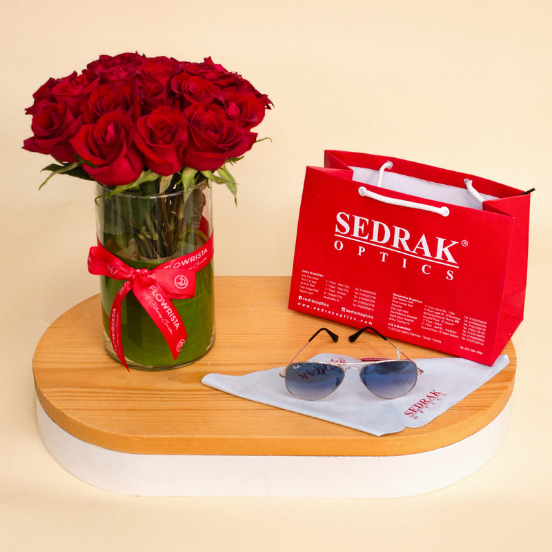 Ray-Ban Sunglass with Silver Frame & Gradient Lenses and 15 Red Roses Vase