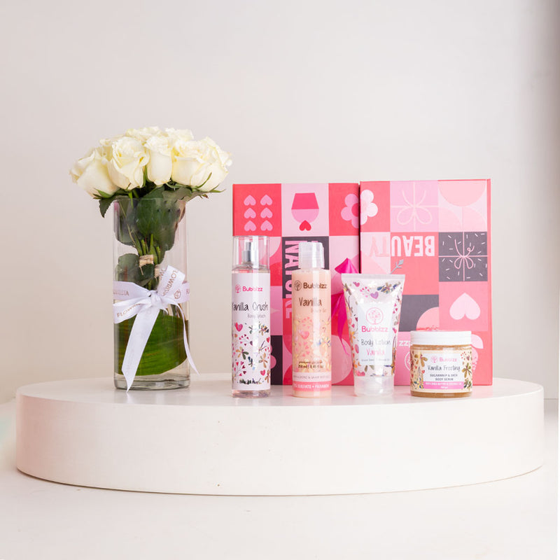 Bubblzz Vanilla Body Care Collection & White Roses Vase