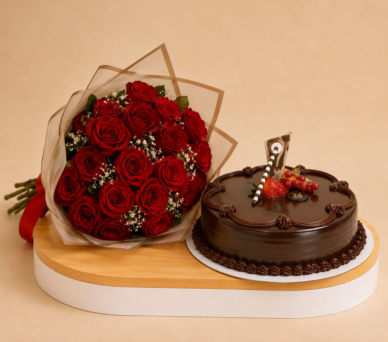 Mister Bakery Chocolate Cake & Red Roses Bouquet
