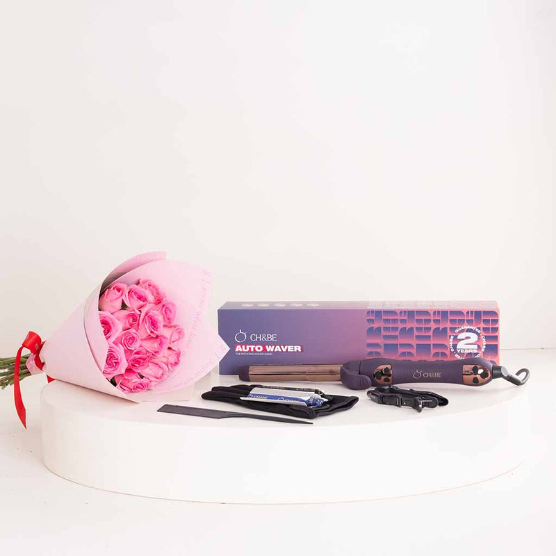CH&BE Auto Waver Hair Rotating Curler & Pink Roses Bouquet