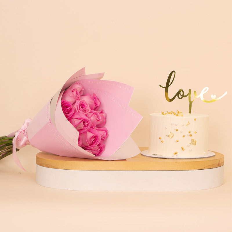 Ninos Golden Celebrations Cake with Love Topper & Pink Roses