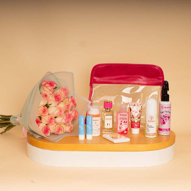 Bubblzz Clutch & Pink Roses Bouquet