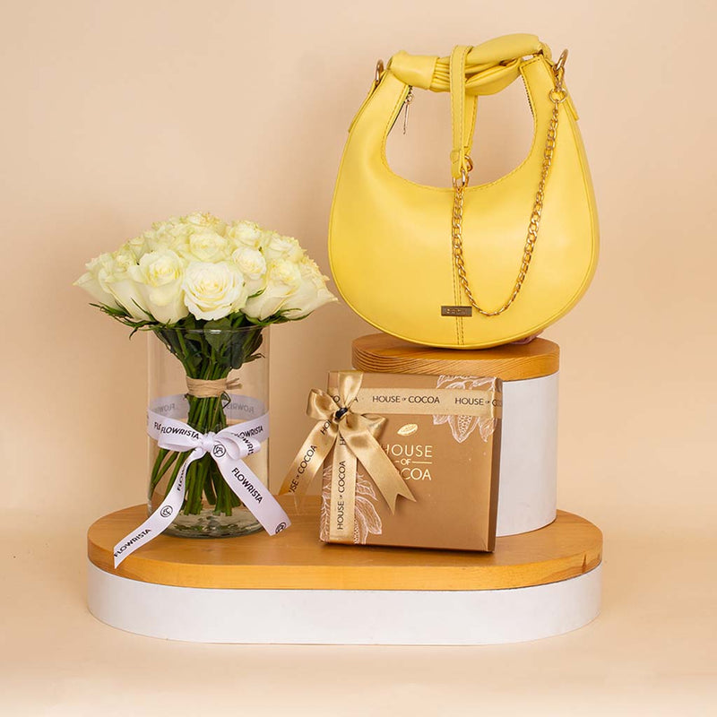 Alamki Bella Yellow Bag & White Roses Vase & House of Cocoa Chocolate Box