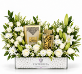 Amir Al Oud Gold 100ml Perfume with Fresh White Flower Arrangement