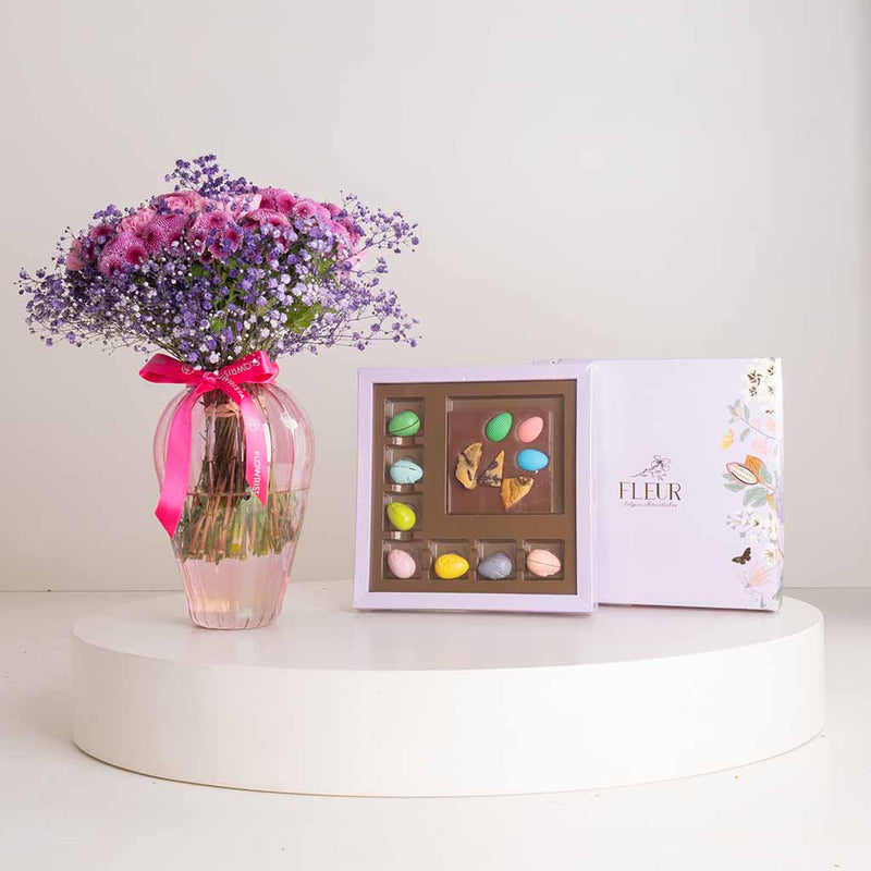 Fleur Easter Edition Belgian Bonbons Box, Chocolate Bar & Lollipop Carnation Vase