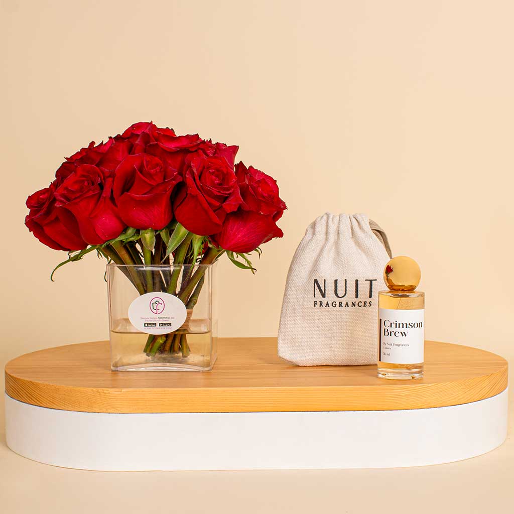 Nuit Crimson Brew Perfume & Red Roses Vase