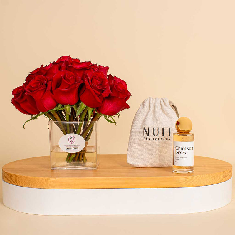 Nuit Crimson Brew Perfume & Red Roses Vase