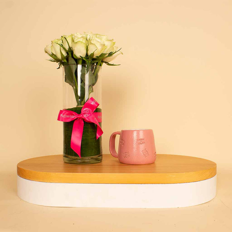Mug Wow Mom and 15 White Roses Vase