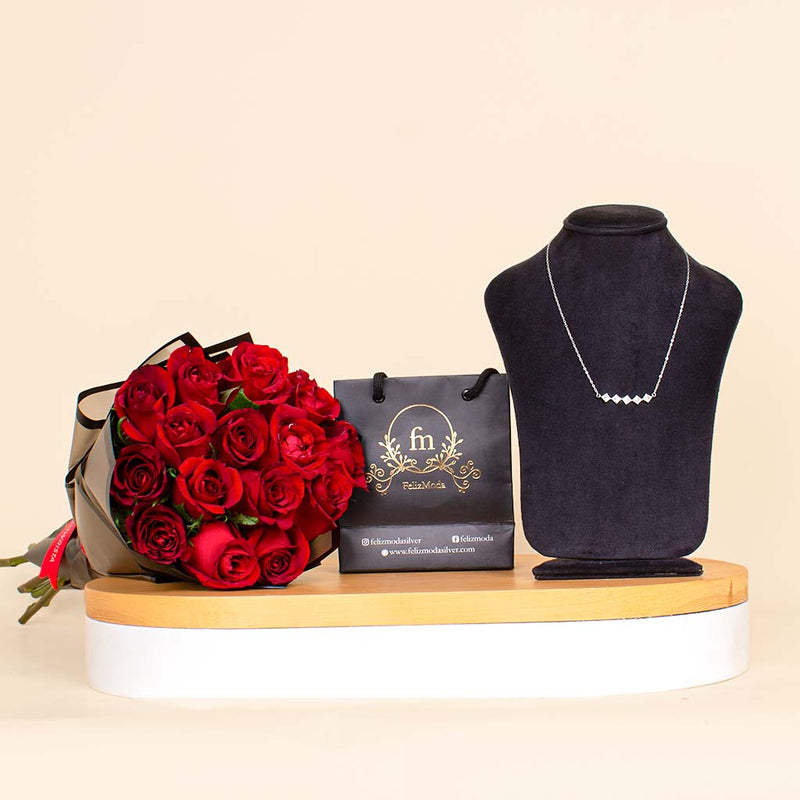 Five square pendants silver necklace zircon stones And Romantic Hand Bouquet