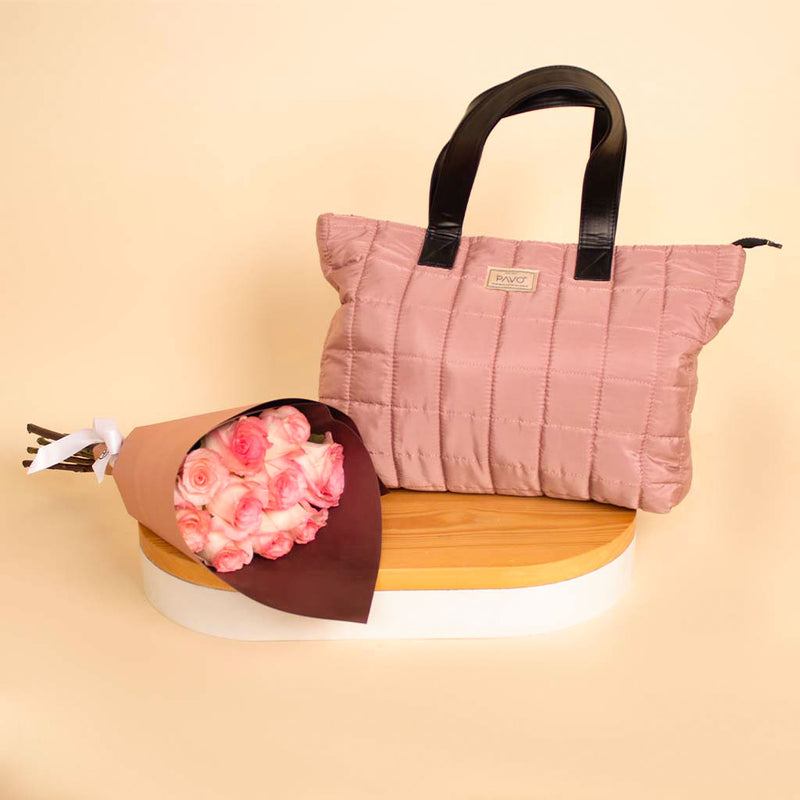 Pavo Light Purble Tote Bag Handbag & 15 Pink Roses
