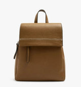 A brown leather backpack with a top handle, front flap pocket, and side zipper pull, shown against a plain white background.