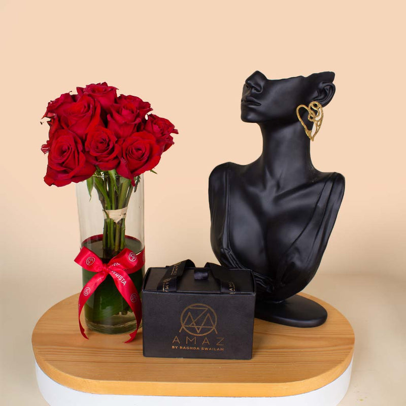 Amaz Eternal Love Earring and Vase 15 Red Rose
