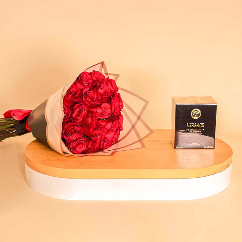 Versace Crystal Noir with 20 Red Roses Hand Bouquet
