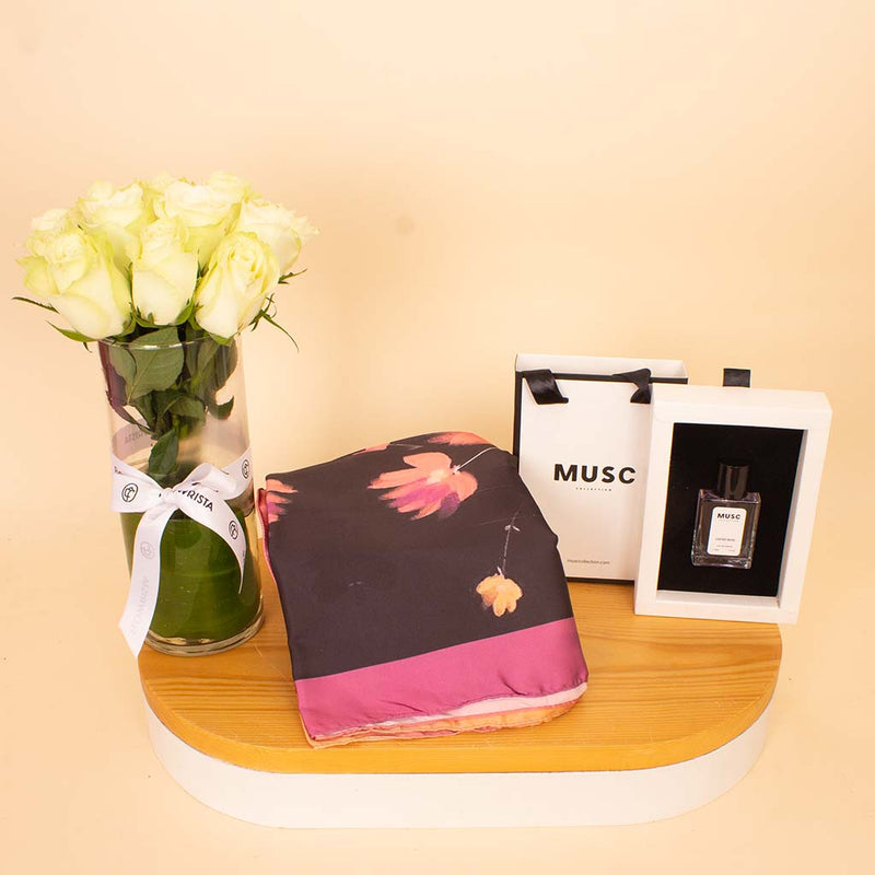 Veloor Layal Scarf & MUSC Coffee Musk with White Roses Vase