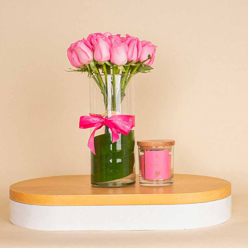 Pink Flower Vase And Candle | 15 Rose