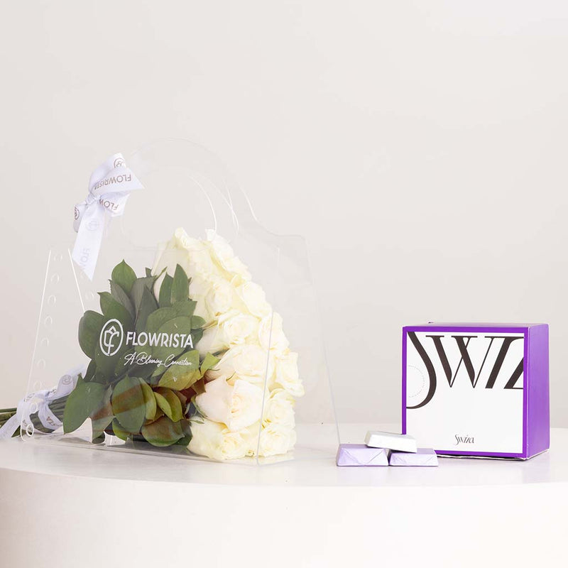 Swiza Chocolate Box 500g & 12 Roses Bag