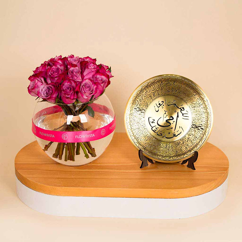 Mother Golden Shield with a Flower Bowl Vase of 20 Purple Roses