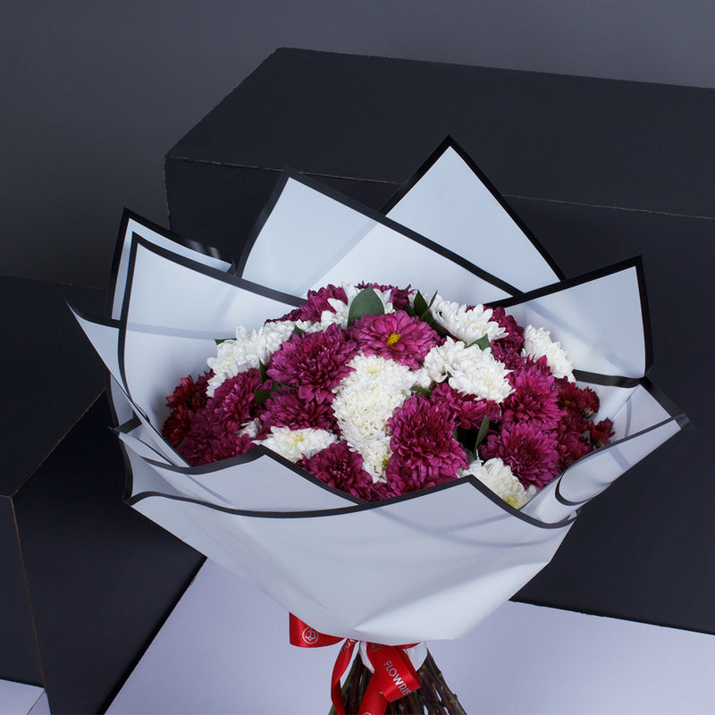 Hand Bouquet of Purple & White Chrysanthemums