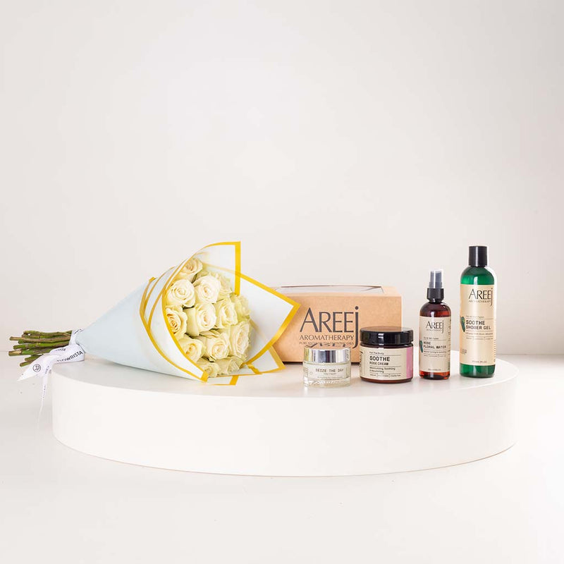 Areej Skincare Gift Bundle & White Roses Bouquet