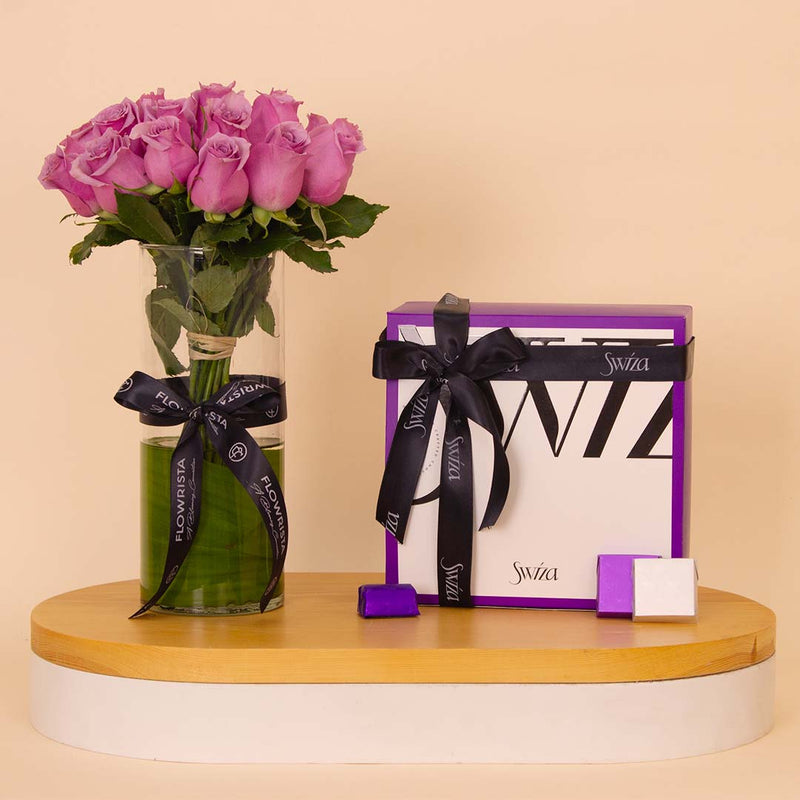 Swiza Chocolate Box 500g & Purple Roses Vase