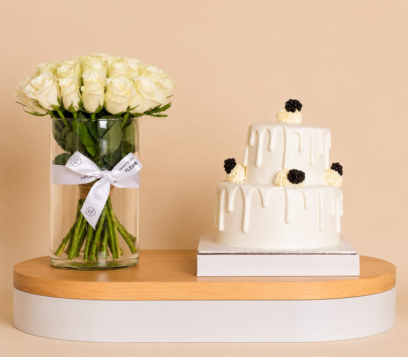 Sugar Sweet Cake & White Roses Vase