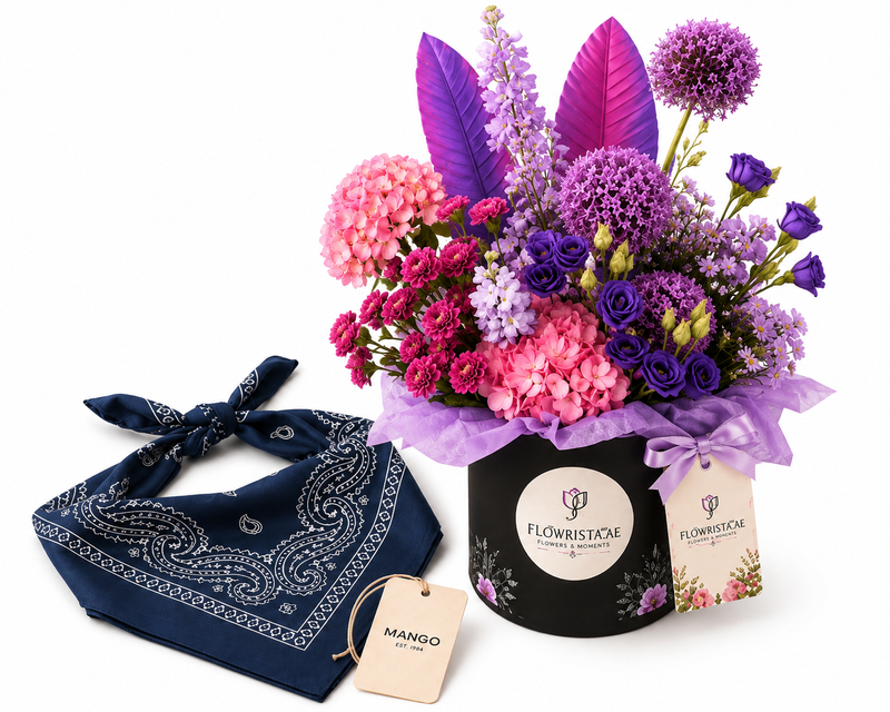 Mango Triangular Paisley Bandana with Flowrista Purple Flower Box