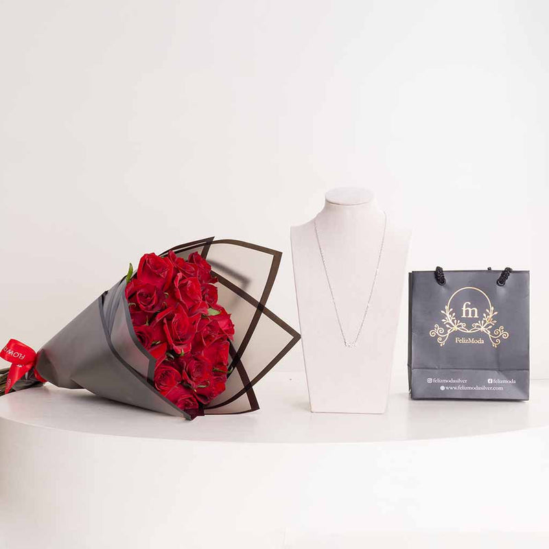 Felizmoda Three-Flower Silver Necklace & Red Roses Bouquet