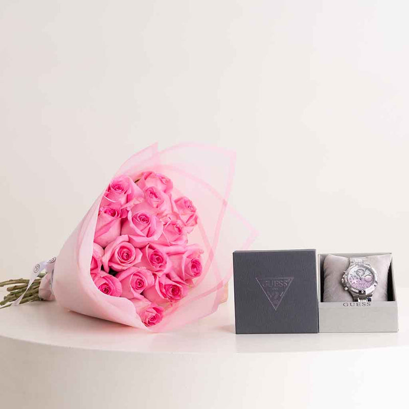 GUESS Ladies Silver Tone Multi-Function Watch & Revival Roses Bouquet