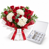 A red and white rose bouquet wrapped in red and white paper with a ribbon tag reading FLOWERDETA, shown next to an open white gift box containing small bottles and a candle, on a white background.